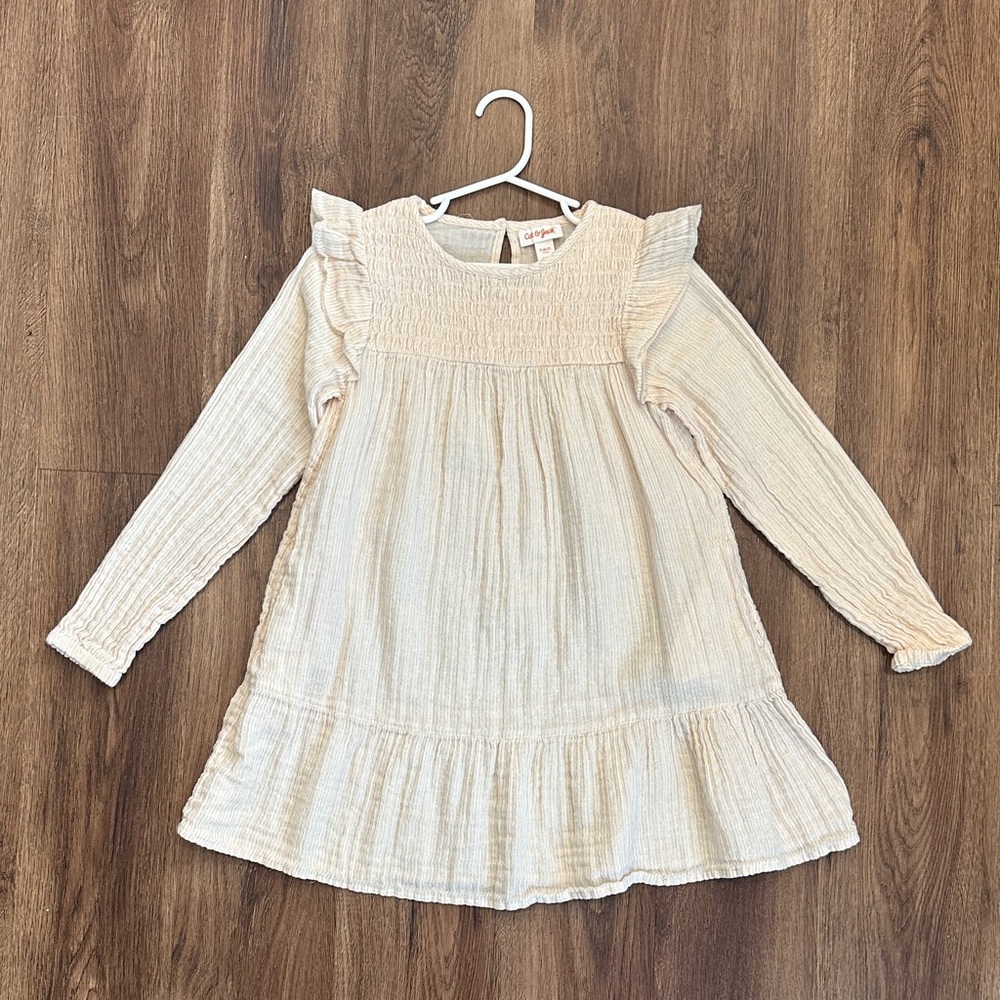 Cat & Jack Cream with Gold Ruffle Long Sleeve Dress, Size S (6/7)